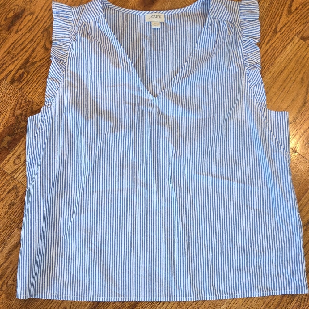 J. Crew Light Blue and White Striped V-Neck Ruffle Sleeve Tank L